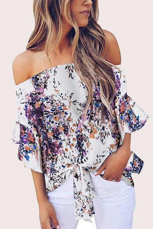 Off Shoulder Floral Tie Front Chiffon Blouse