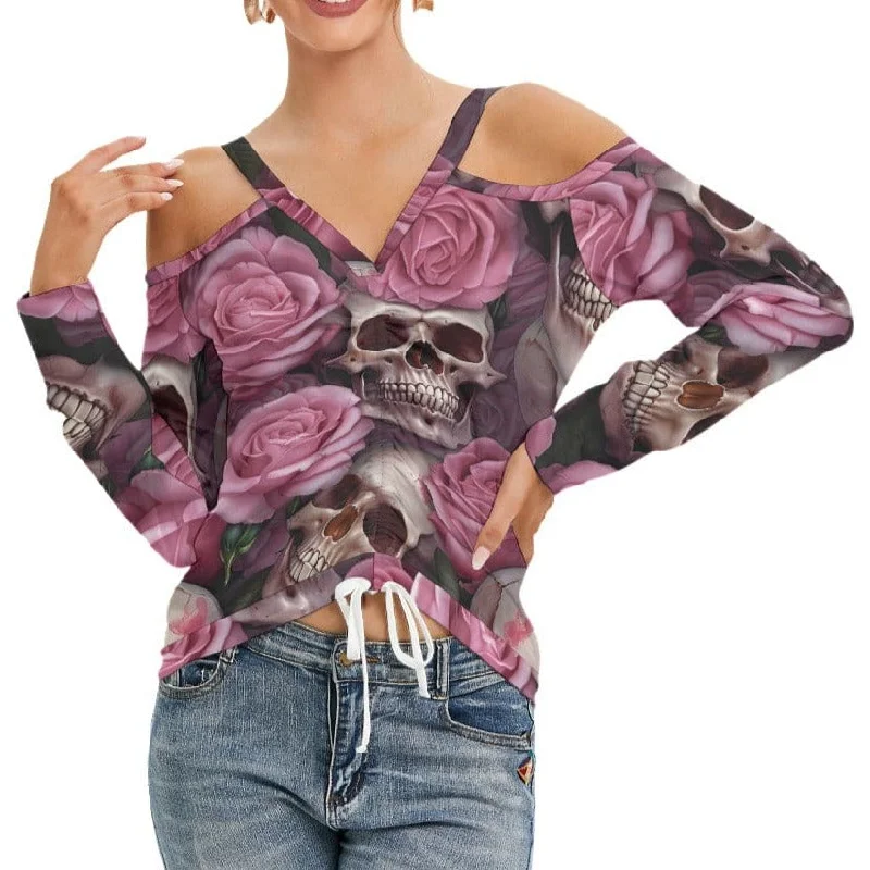 Women’s Pink Roses Skulls V-neck Cold Shoulder Top With Long Sleeve