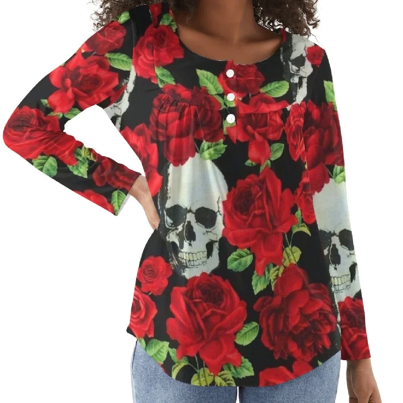 Women's Babydoll Style Skull Red Roses Blouse