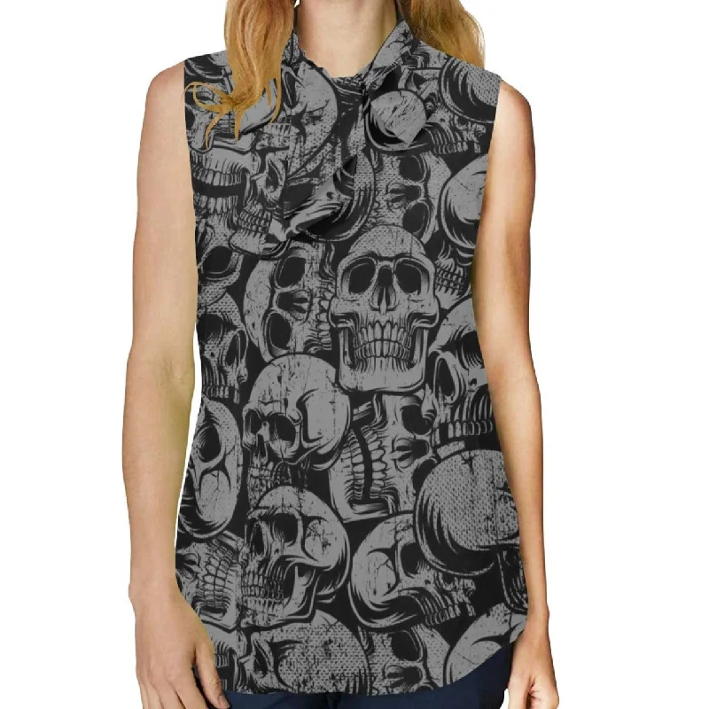 Women's Black Skulls Bow Tie V-Neck Sleeveless Blouse