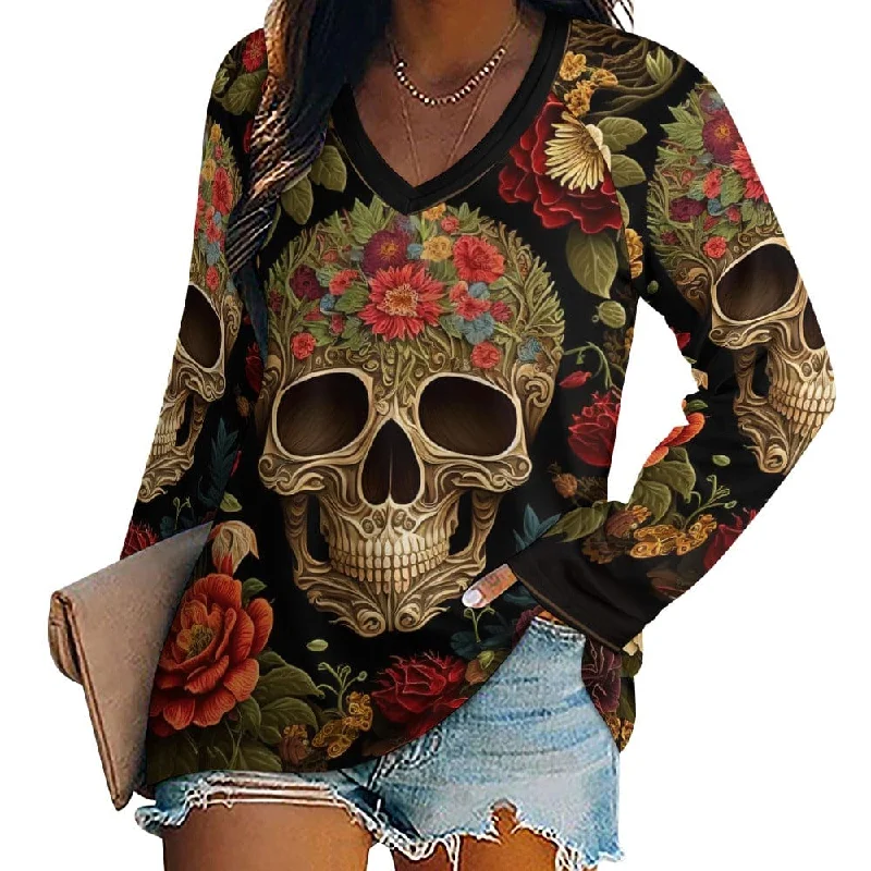 Women's Floral Sugar Skull Long Sleeve Loose Top