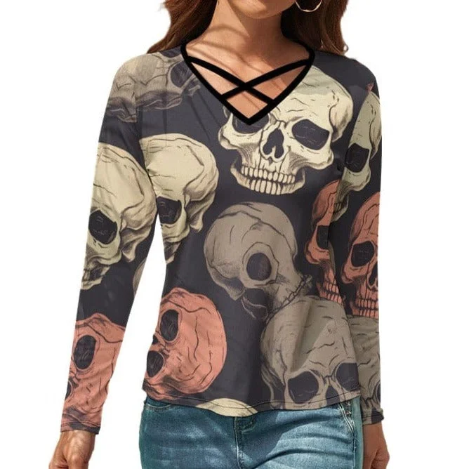 Women's Large Skulls V-Neck Long Sleeve Top