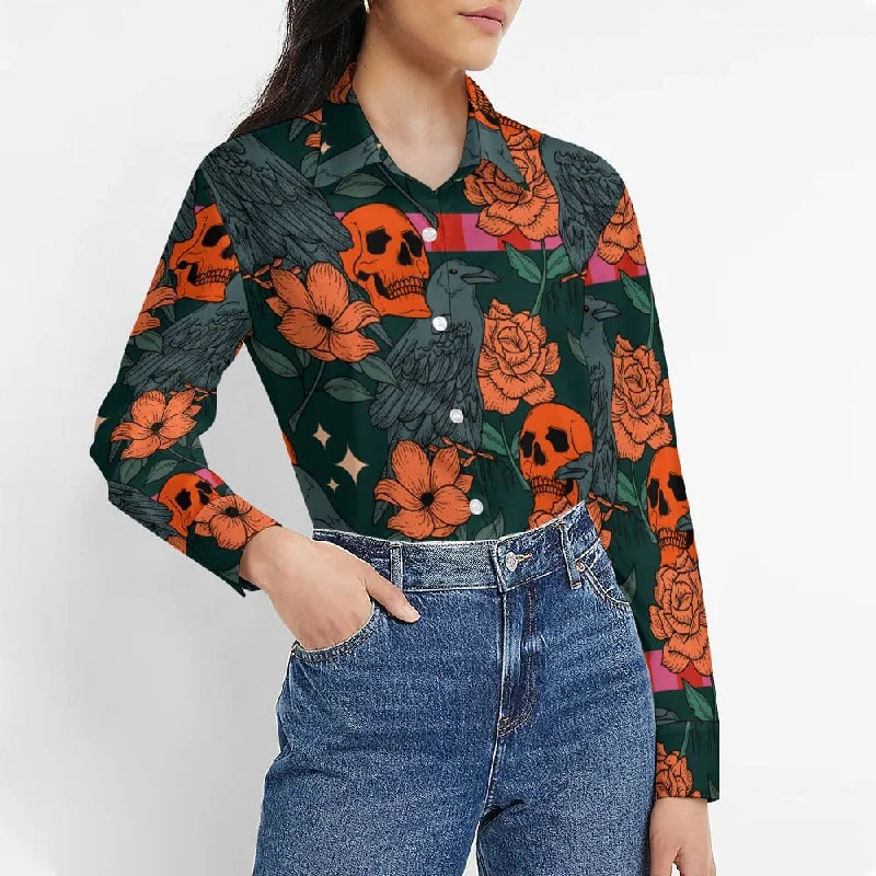 Women's Orange Roses 👩‍🦰️💀👚 Long Sleeved Blouse