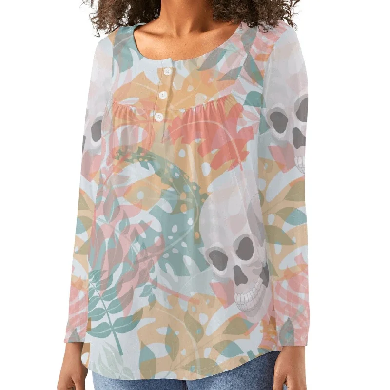 Women's Pastel Leaves Skull Long Sleeve Blouse