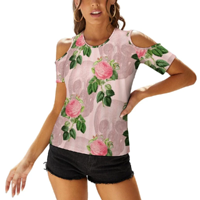 Women's Pink Skull Roses Off Shoulder Blouse