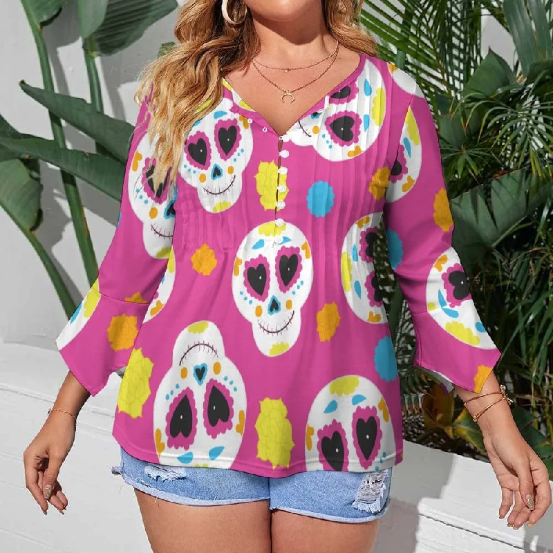 Women's Pink Sugar Skull Ruffled Petal Sleeve Blouse