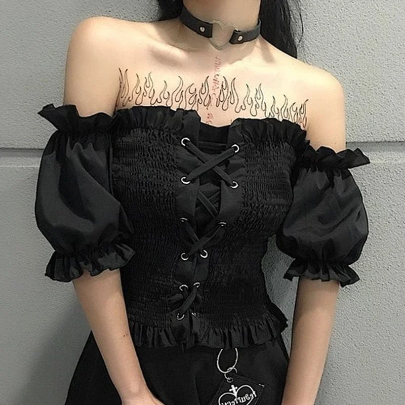 Women's Ruffle Gothic Off Shoulder Lace Up Cross Blouse