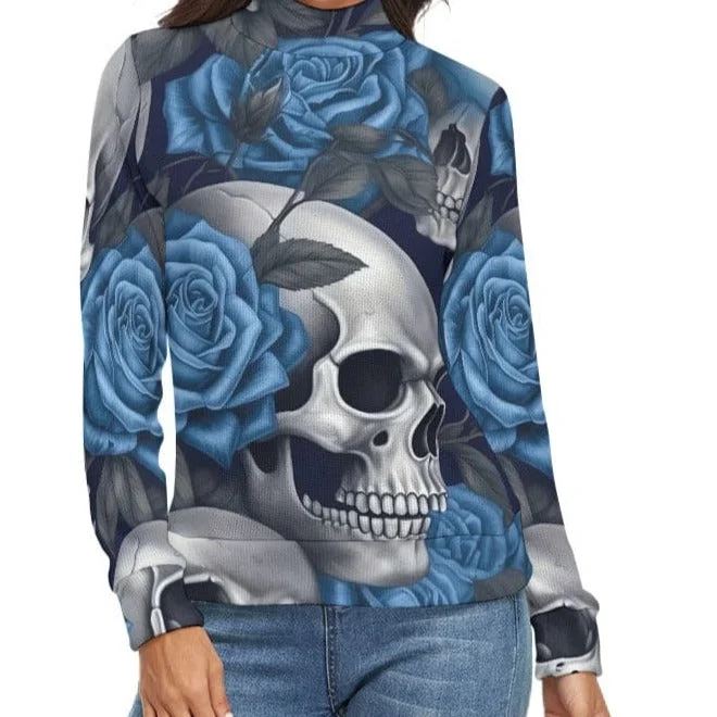 Women's Skull Blue Floral Autumn Long Sleeve Turtleneck Sweater