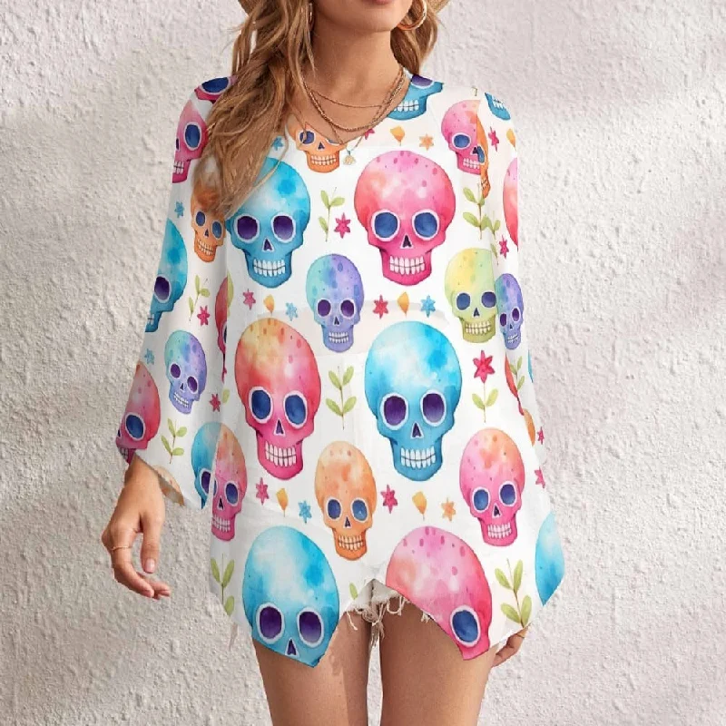 Women's Skull Pastel Pink & Blue Long Sleeve Top