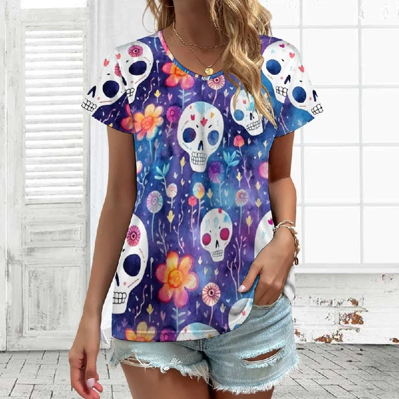 Women's Skulls and Flowers V-neck Short Sleeve T-shirt