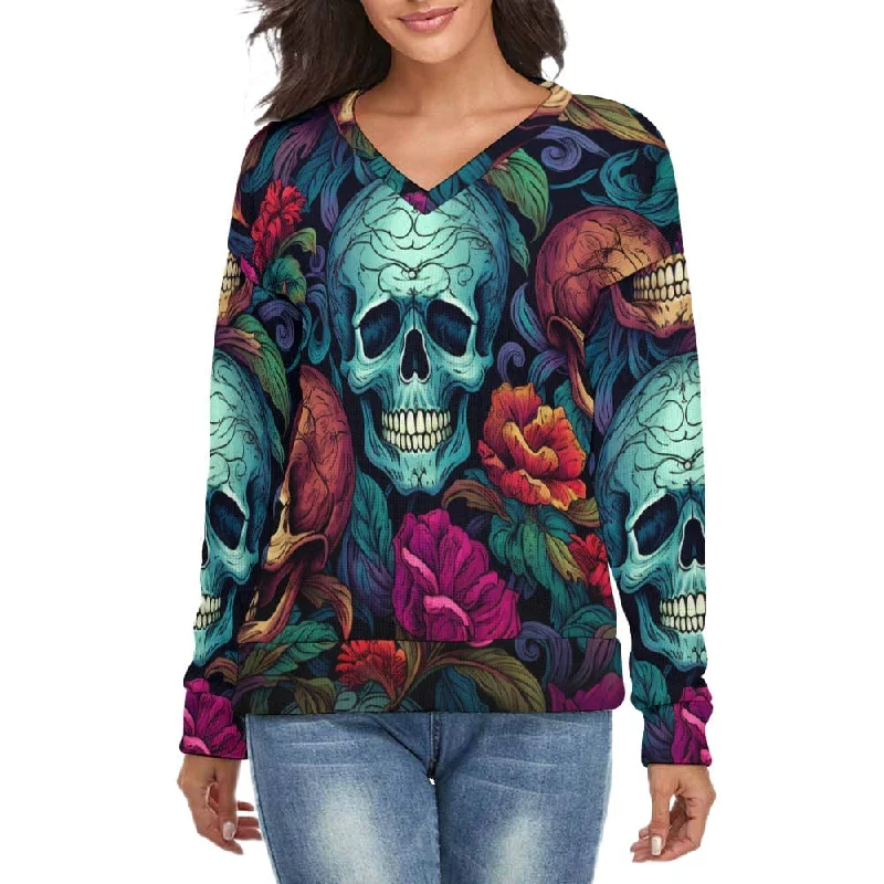 Women's Vibrant Skulls V-Neck Style Long Sleeve Sweater