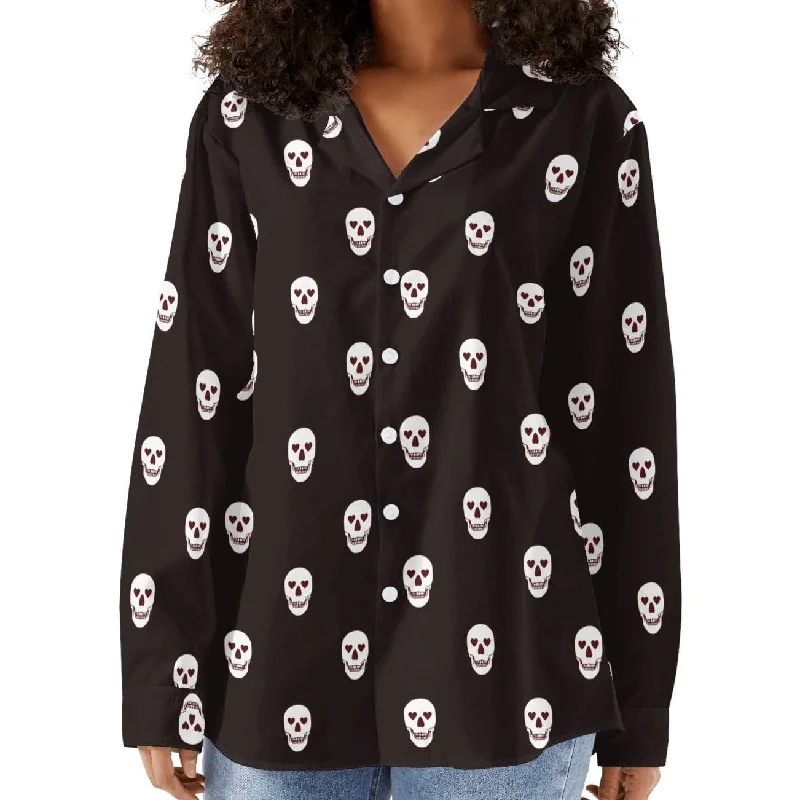 Women's White Skulls With Heart Eyes Long Sleeve Button Down Shirt