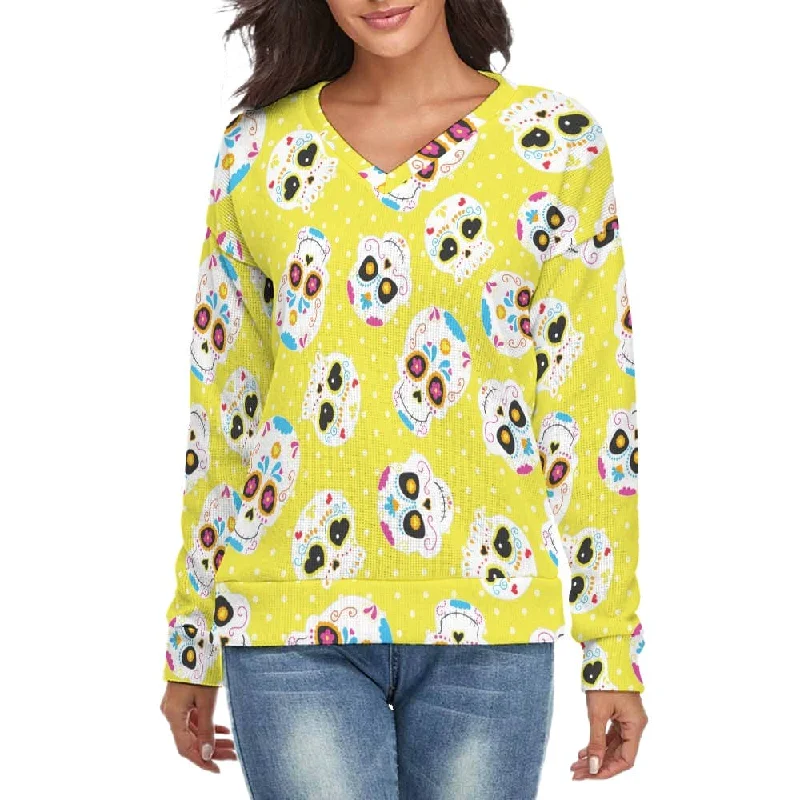 Women's Yellow Sugar Skulls V-Neck Long Sleeve Sweater