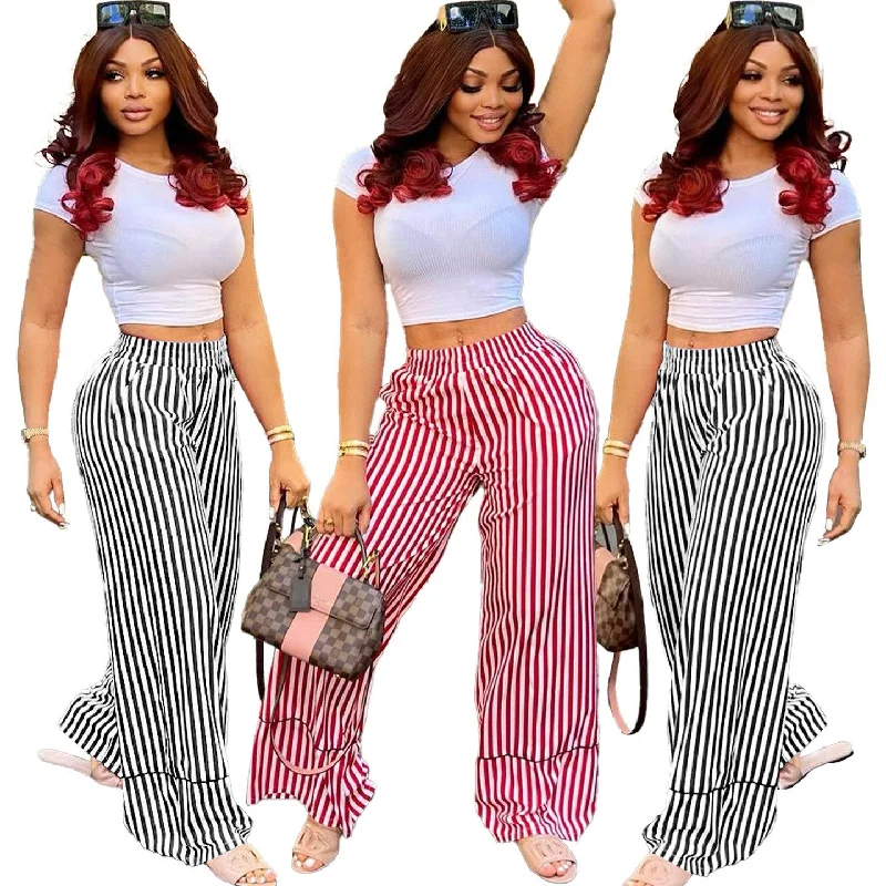 2022 Fall Clothing Casual Trendy High Waist Striped Printed Trousers Women Wide Leg Long Pants